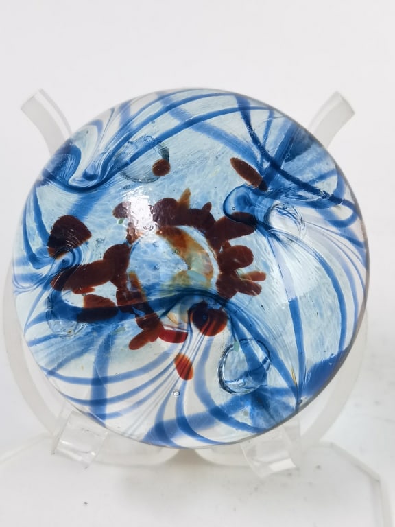 Signed Blue Swirl Art Glass Paperweight: Signed Blue Swirl Art Glass Paperweight, 1.25in by 3.5in