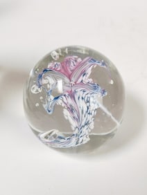 Vintage Blue/Pink Splatter Flower Glass Paperweigh
