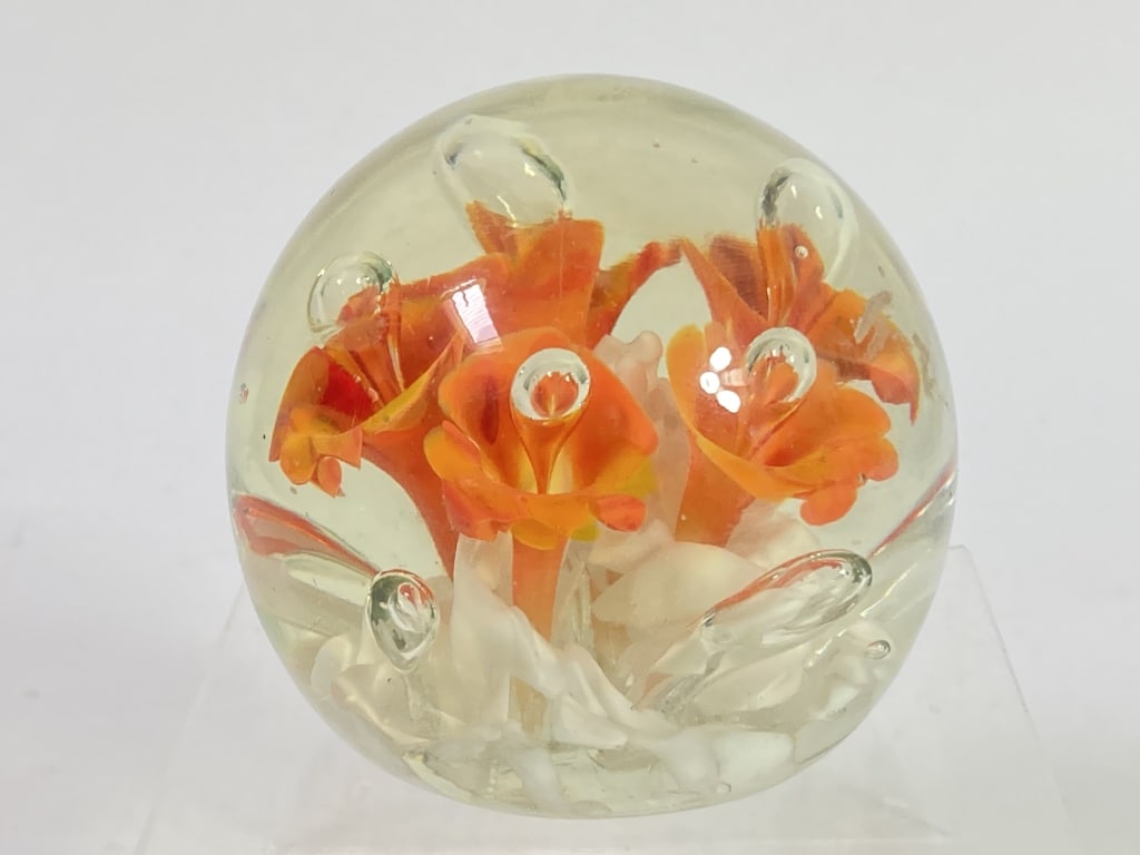 Vintage Unmarked Orange Flower Glass Paperweight: Vintage Unmarked Orange Flower Glass Paperweight, 3in