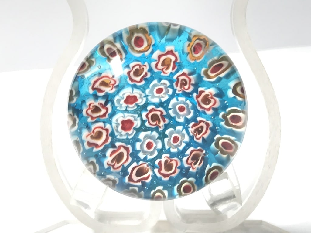 Murano Italy Blue Millefiori Glass Paperweight: Murano Italy Blue Millefiori Glass Paperweight, 2in by 2 3/8in