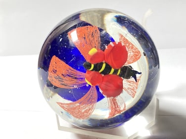 Murano Style Butterfly Red Flower Glass Paperweigh