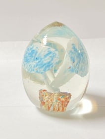 Unmarked Blue Flower Egg Shape Glass Paperweight