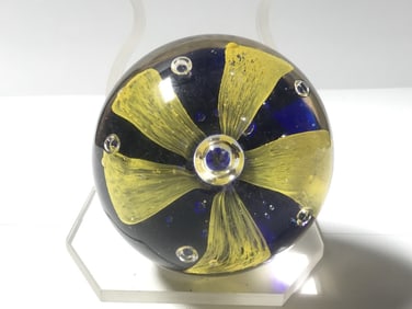 Unmarked Bubble Yellow Flower Glass Paperweight