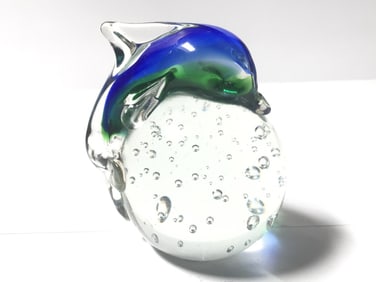 Unmarked Sommerso Dolphin Bubble Glass Paperweight