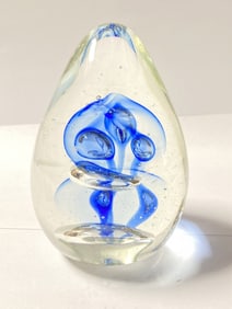Unmarked Blue Bubble Egg Shape Glass Paperweight