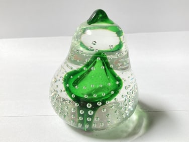 Unmarked Green Controlled Bubble Glass Pear Paperw