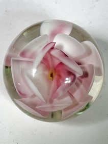 Vintage Pink Flower Glass Paperweight