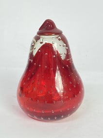 Vintage Controlled Bubble Red Glass Pear Paperweig