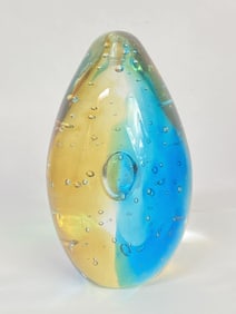 Unmarked Amber/Blue Bubble Glass Paperweight