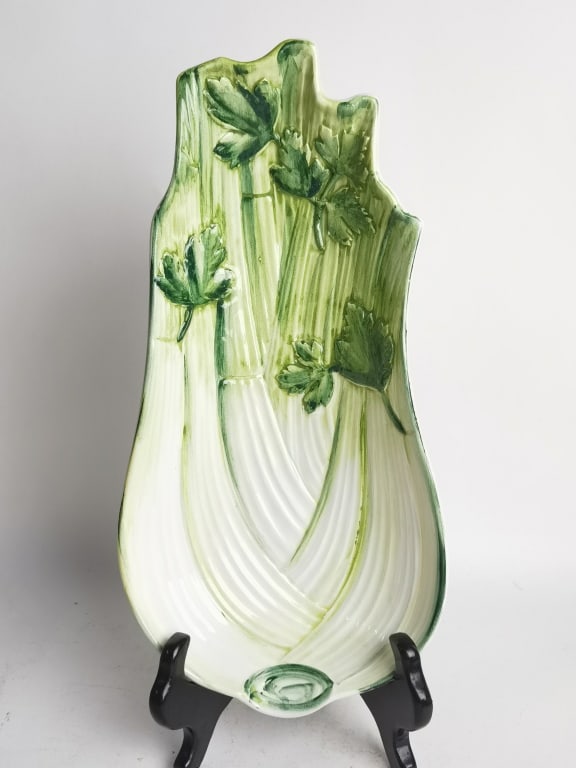 Vintage Italian Porcelain Majolica Celery Plate: Vintage Italian Porcelain Majolica Celery Plate, 11 7/8in by 5 7/8in by 1 7/8in