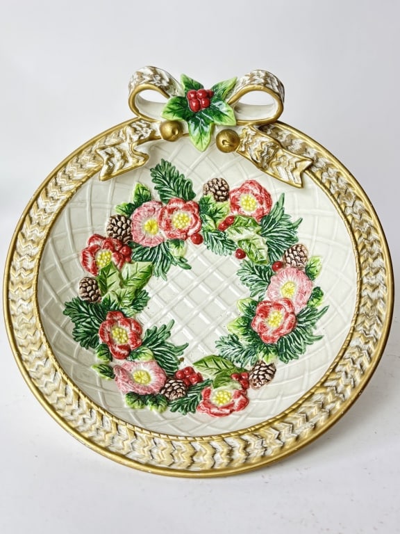 Vintage Fitz & Floyd Porcelain Christmas Garland P: Vintage Fitz & Floyd Porcelain Christmas Garland Plate, 3.25in by 8.75in