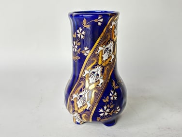 Vintage Luneville Cobalt Blue Enameled Footed Vase