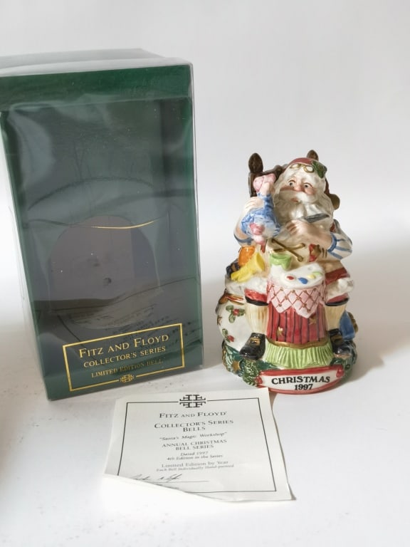 1997 Vintage Fitz & Floyd Porcelain Santa's Magic: 1997 Vintage Fitz & Floyd Porcelain Santa's Magic Workshop Bell, 4.5in