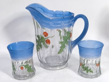 (3) Antique Northwood Art Glass Jug and Cups