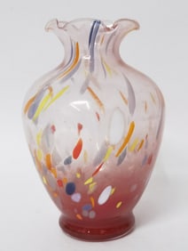 Splatter Ruby Clear Glass Ruffled Rim Vase