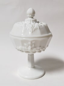 Vintage Fenton Milk Glass Covered Pedestal Bowl