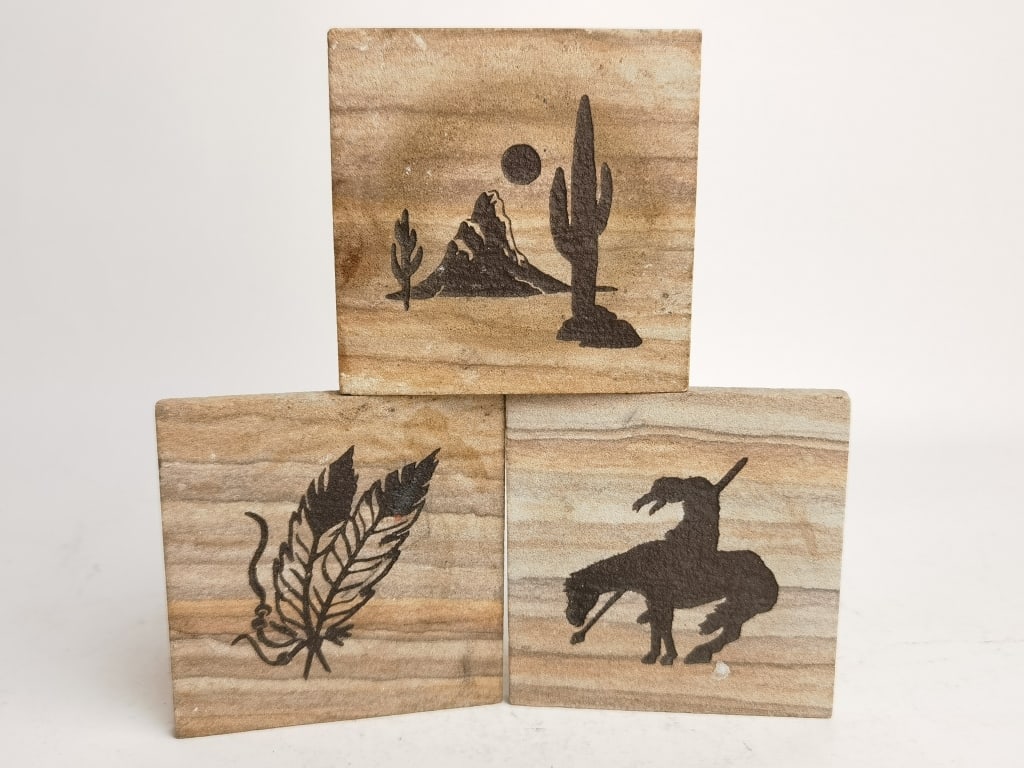 (3) Stone Carved Coasters: (3) Stone Carved Coasters, 3.5in