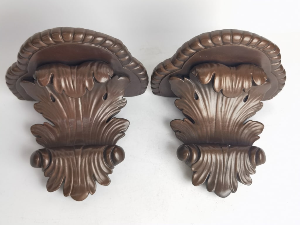 Pr. of Mexico Made Metal Acanthus Brackets: Pr. of Mexico Made Metal Acanthus Brackets, 9in by 7.5in by 6in