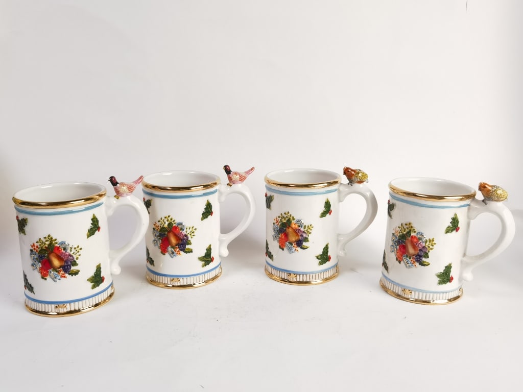 (4) Vintage Waterford Porcelain "Holiday Heirloom": (4) Vintage Waterford Porcelain "Holiday Heirloom" Mugs, 4.75in by 4.25in