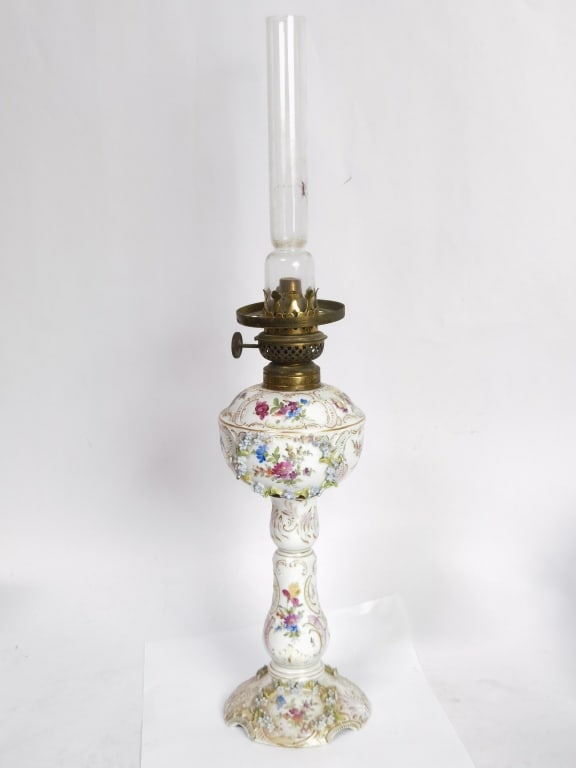 Vintage Dresden Germany Porcelain Floral Oil Lamp: Vintage Dresden Germany Porcelain Floral Oil Lamp, 19in