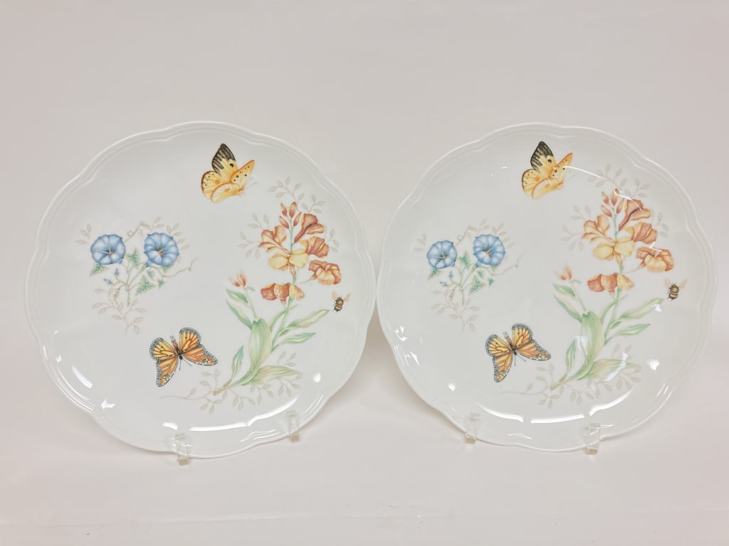 Pr. of Lenox Porcelain Butterfly Meadow Monarch Pl: Pr. of Lenox Porcelain Butterfly Meadow Monarch Plates, 10.75in