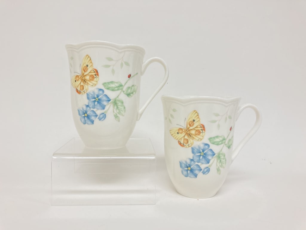 Pr. of Lenox Porcelain Butterfly Meadow Orange Sul: Pr. of Lenox Porcelain Butterfly Meadow Orange Sulphur Mugs, 4.25in