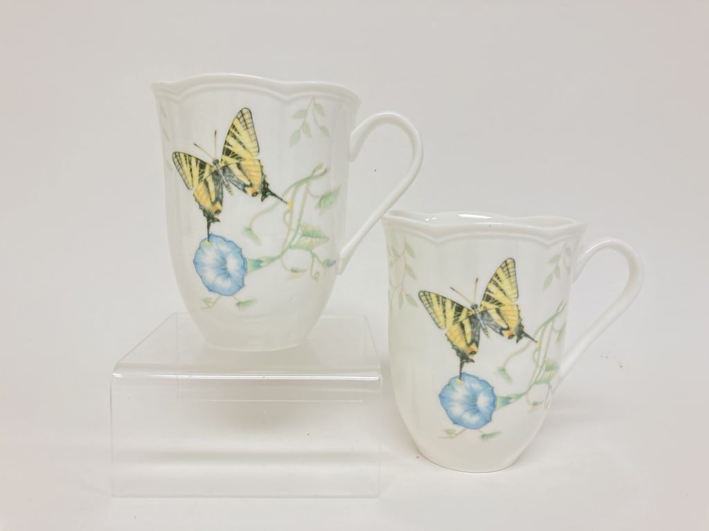 Pr. of Lenox Porcelain Butterfly Meadow Swallowtai: Pr. of Lenox Porcelain Butterfly Meadow Swallowtail Mugs, 4.25in