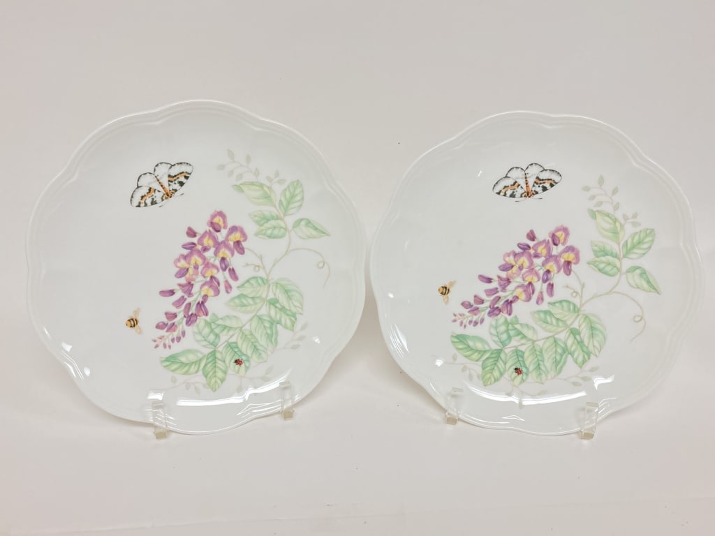 Pr. of Lenox Porcelain Butterfly Meadow Eastern Ta: Pr. of Lenox Porcelain Butterfly Meadow Eastern Tailed Blue Accent Plates, 9in