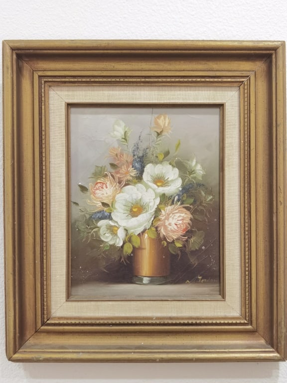 Vintage Floral Still Life Oil Painting, Signed A.J: Vintage Floral Still Life Oil Painting, Signed A. Jordan, 16.25in by 4.25in