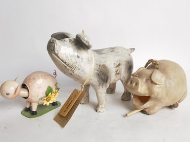 (3) Vintage Metal/Wood/Pottery Pig Decors
