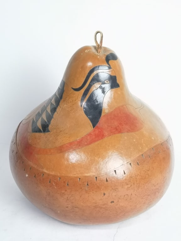 Vintage Mexican Hand Carved Gourd Larriba: Vintage Mexican Hand Carved Gourd Larriba, 12in by 12in