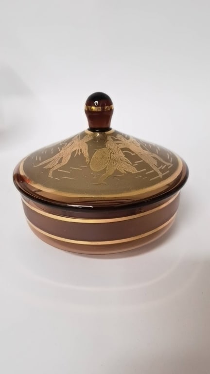 Vintage Gilt Brown Glass Covered Bowl: Vintage Gilt Brown Glass Covered Bowl, 5.5in