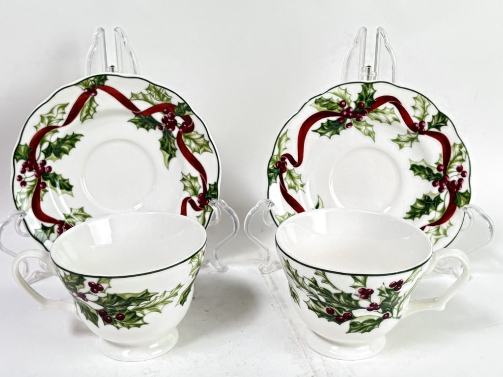Pr. of 1998 Charter Club Winter Garland Porcelain: Pr. of 1998 Charter Club Winter Garland Porcelain Tea Cups, 3.25in by 6.75in