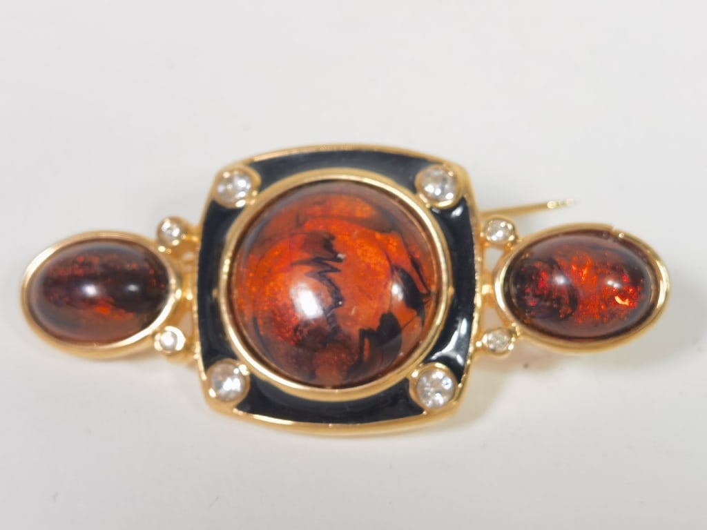 Faux Amber Inlay Costume Brooch: Faux Amber Inlay Costume Brooch, 2.5in