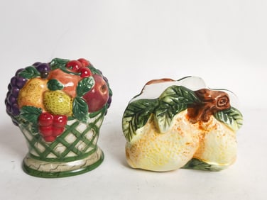 (2) Vintage Porcelain Fruits Knapkin Holder and Ja