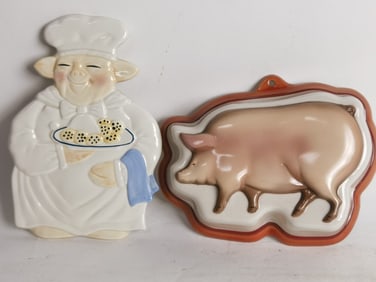 (2) Vintage Ceramic Pig Theme Wall Decors