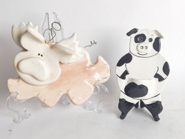 (2) Vintage Ceramic Pig Theme Wall Decors
