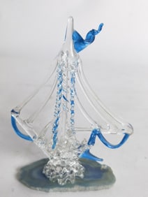 Vintage Blue/Clear Art Glass Boat