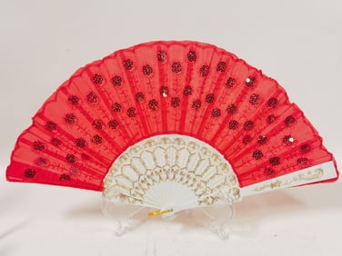 Vintage Embroidered Red Fabric Fan