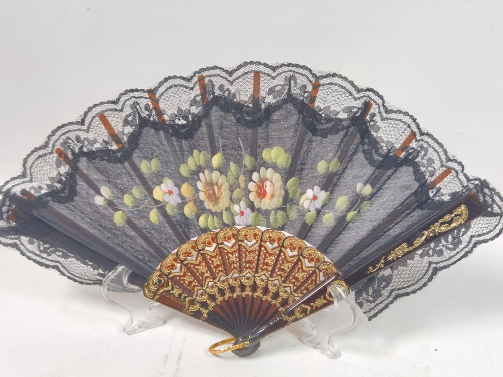 Vintage Black Lace Fabric Fan: Vintage Black Lace Fabric Fan, 9in