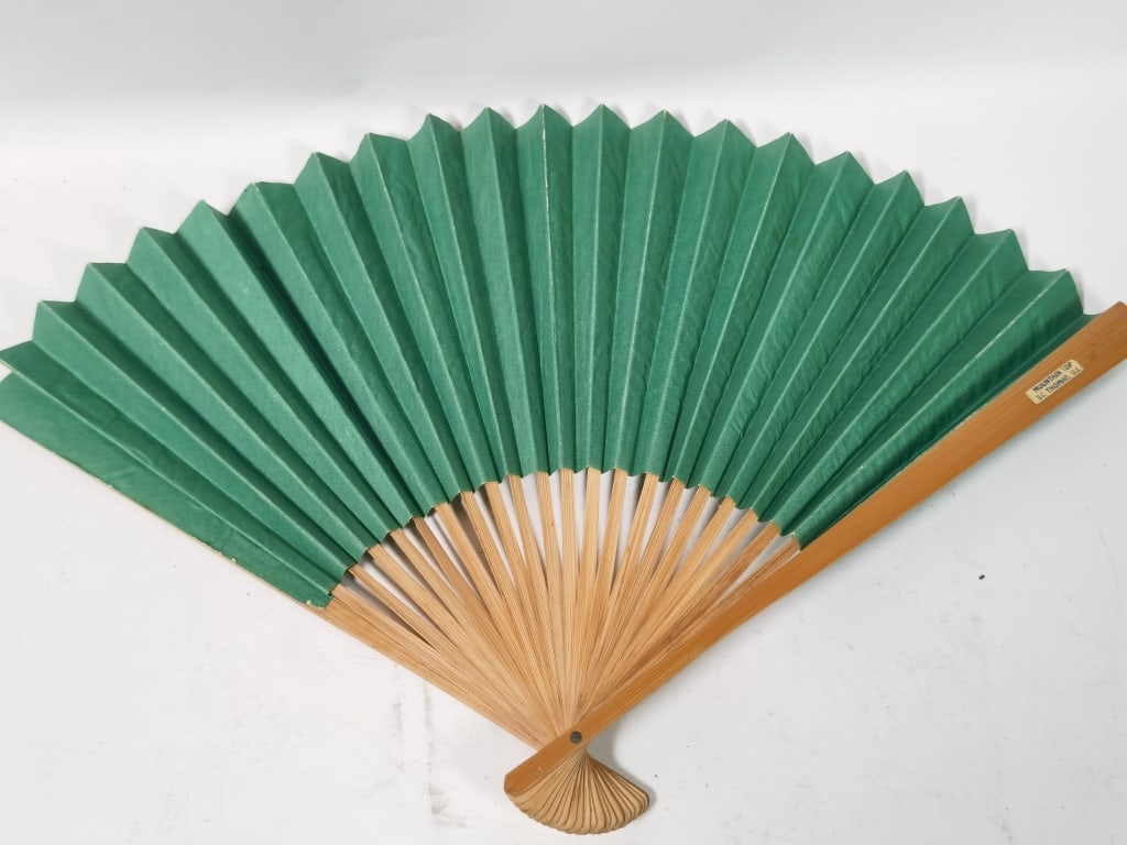 Vintage Green Paper Fan: Vintage Green Paper Fan, 11.75in