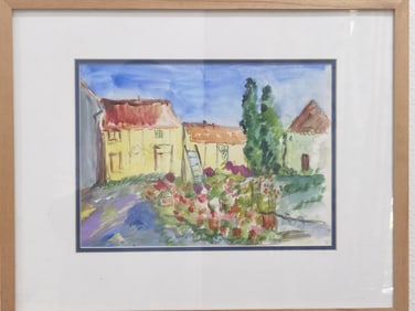 1992 Village Watercolor Painting, Signed Sacha