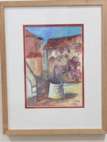 1990 Village Watercolor Painting, Signed Sacha