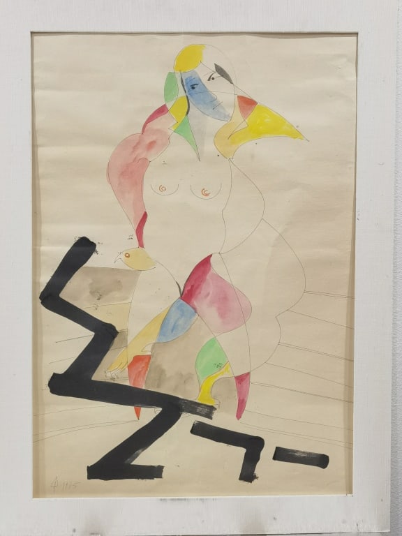 1965 Abstract Nude Watercolor Painting, Signed P: 1965 Abstract Nude Watercolor Painting, Signed P, 39in by 29in