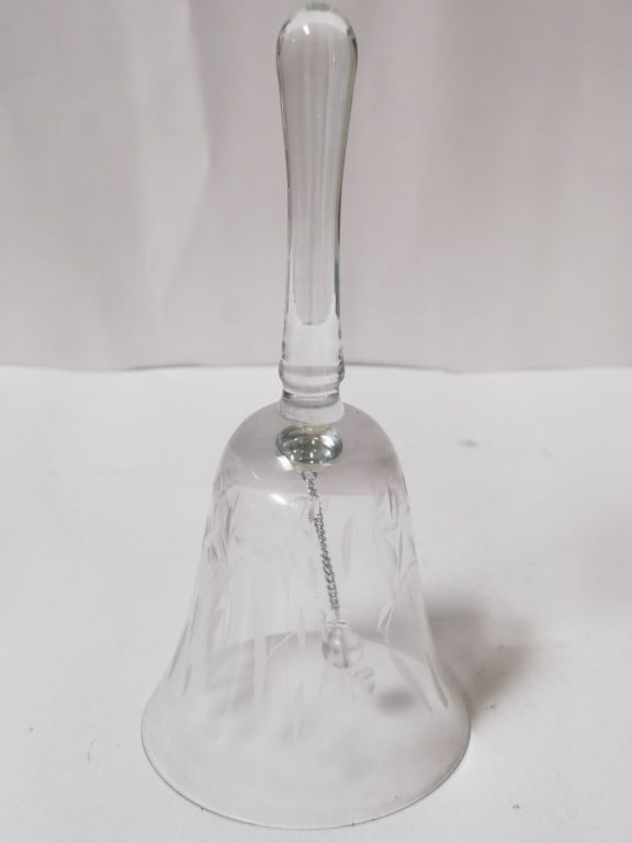 Vintage Etched Glass Dinner Bell: Vintage Etched Glass Dinner Bell, 8.25in