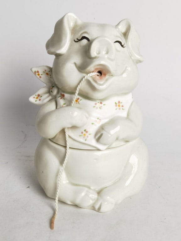 Vintage White Pig Porcelain String Canister: Vintage White Pig Porcelain String Canister, 6in
