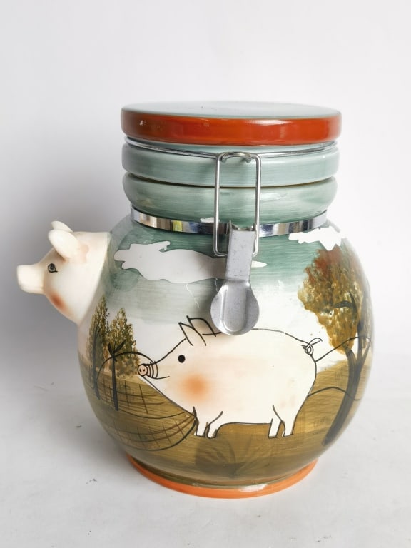 Vintage Hand Painted Porcelain Pig Art Jar: Vintage Hand Painted Porcelain Pig Art Jar, 7.75in