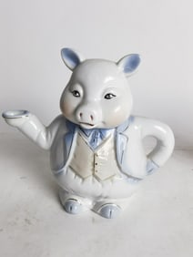 Vintage Blue Gentleman Pig Porcelain Teapot