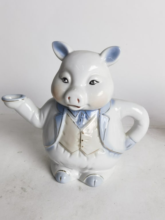 Vintage Blue Gentleman Pig Porcelain Teapot: Vintage Blue Gentleman Pig Porcelain Teapot, 6.25in by 7in