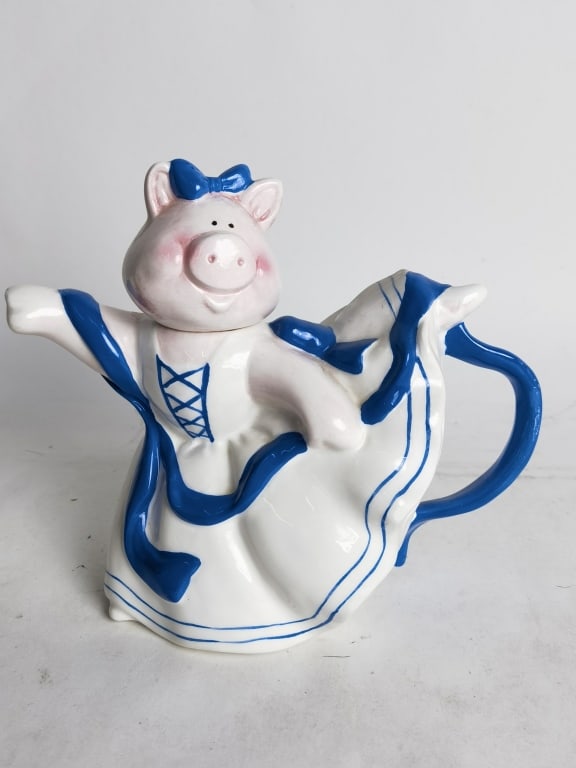 Vintage Dancing Pig Porcelain Teapot: Vintage Dancing Pig Porcelain Teapot, 7.25in by 8.5in